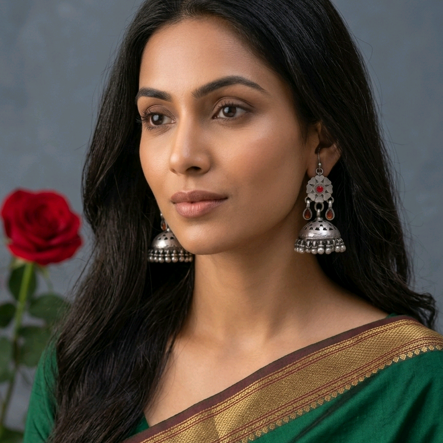 Silver Floral Jhumka 
